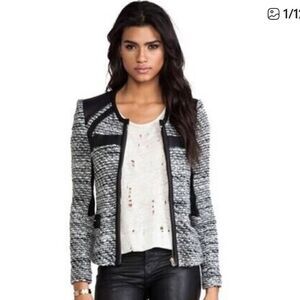 IRO Womens Izzy Boucle Jacket Black White Tweed Lamb Leather Size FR 38 US 6